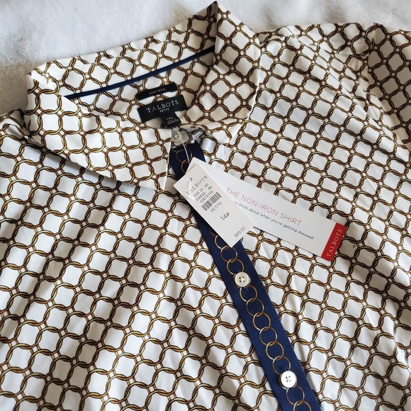 Talbots Tops - NEW Talbots Non-Iron Button Down Shirt 14P Blue Cotton/Spandex Gold Rings Blue